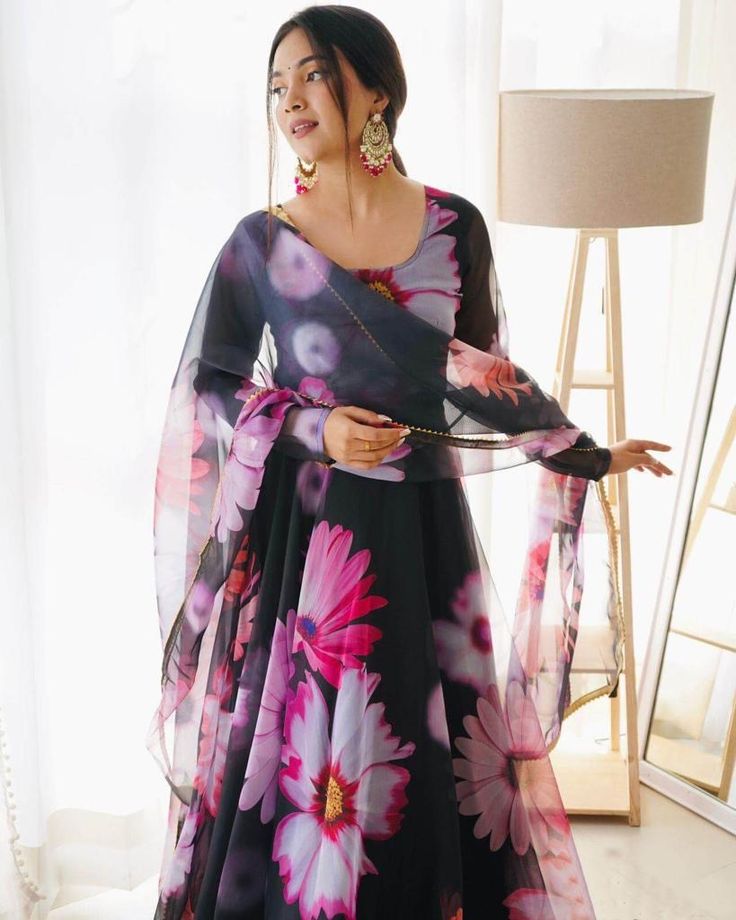 Floral Fantasy Black Georgette Anarkali Kurti with Dupatta