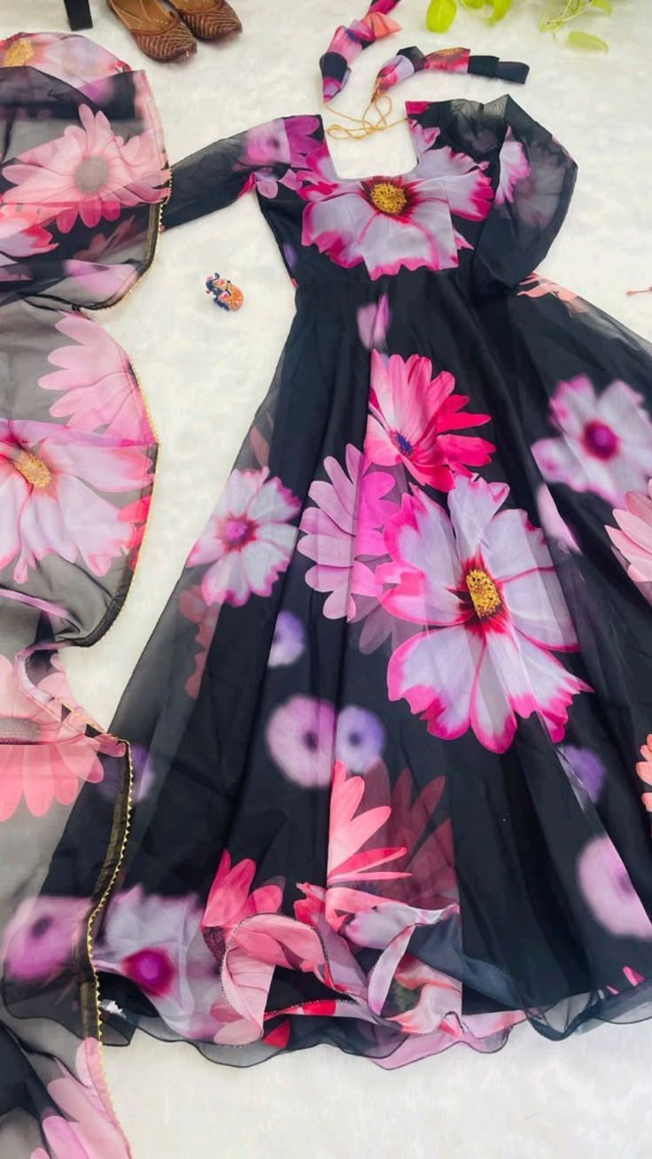 Floral Fantasy Black Georgette Anarkali Kurti with Dupatta