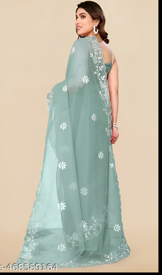 Vastram Mint Blossom Embroidered Georgette Saree
