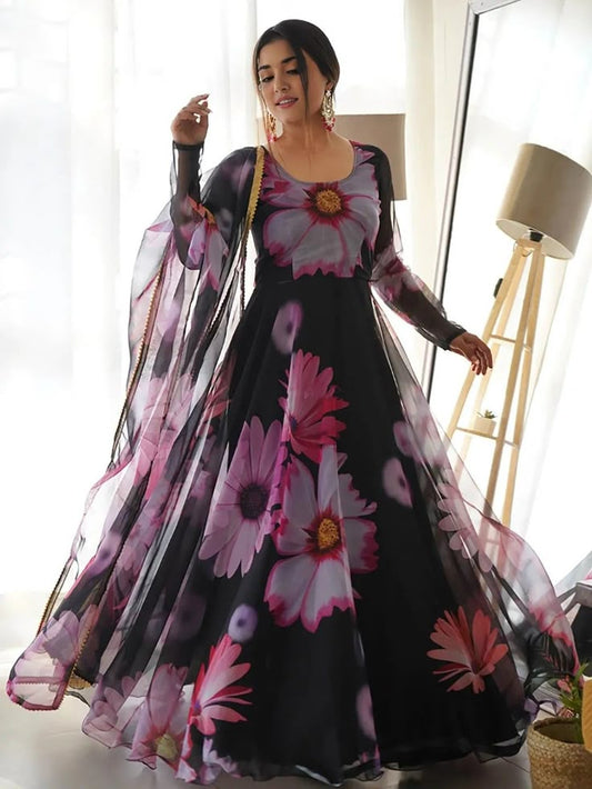 Floral Fantasy Black Georgette Anarkali Kurti with Dupatta