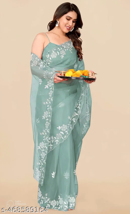 Vastram Mint Blossom Embroidered Georgette Saree