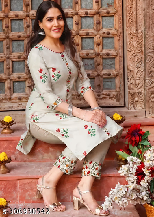 "GulRang Blossom - Elegant Embroidered Cotton Kurti Set"